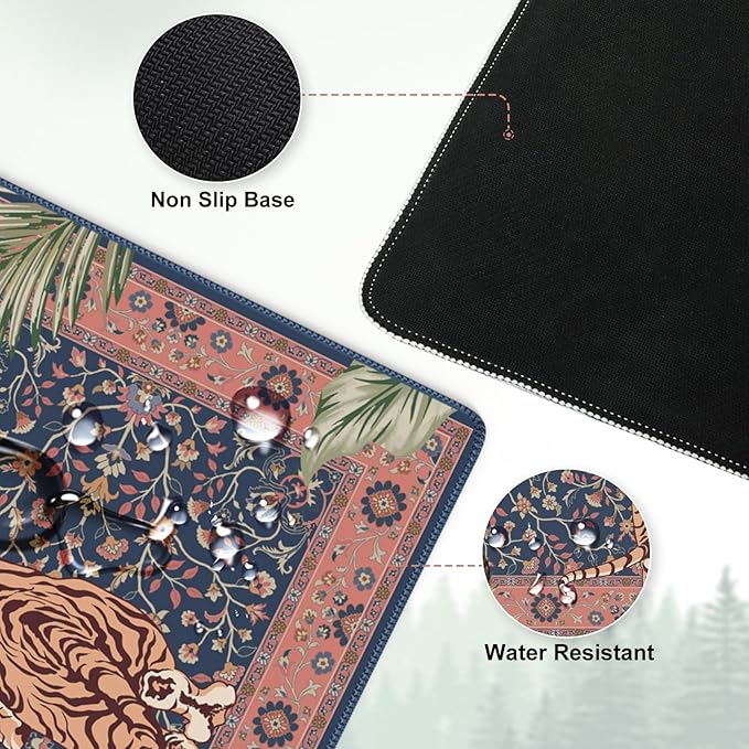 Tiger Desk Matt for Desktop, Floral Gaming Cute Desk Mat, Non Slip Keyboard and Mouse Pad, Stitched Edges Large Desk Pad, Desk Mat for Home Office 35.4 x 15.7 Inches (Pink)