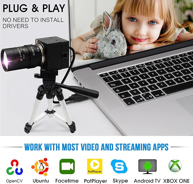 4K USB Camera 5-50mm 10X Optical Zoom Manual Lens 2160P CS-Mount USB Webcam Varifocus Camera Close-up Plug and Play Compatible for Windows Mac OS X Linux