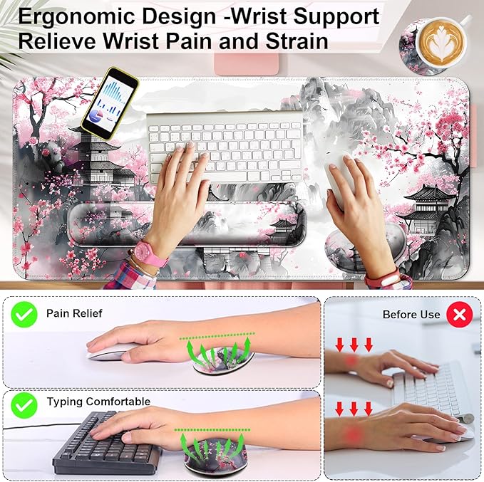 Keyboard Wrist Rest + Mouse Pad with Wrist Support + Desk Mat + Coaster 4 in 1 Set,Desk Matt for Desktop,Cute Large Gaming Ergonomic Mousepad for Computer Laptop Office Home Decor-Japanese Anime