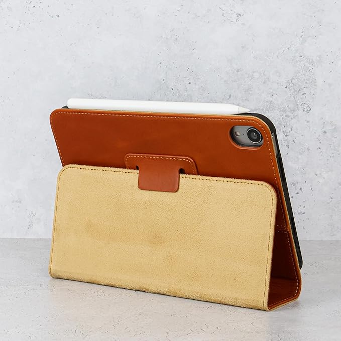Casemade Real Leather Case Compatible with iPad mini 7 (A17 Pro) / 6th Gen (2021) - Full-Grain Leather Cover, Auto Sleep/Wake, Dual Stand Position (Tan)