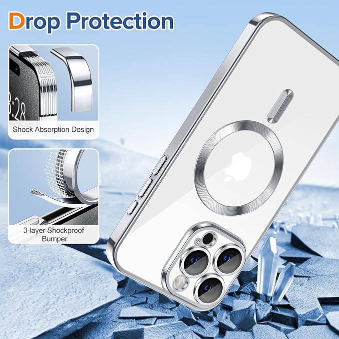 Hython Magnetic Clear for iPhone 15 Pro Max Case with Camera Lens Protector [Compatible with MagSafe] Plating Edge Slim Soft TPU Cover Protective Phone Case for iPhone 15 Pro Max 6.7", Silver