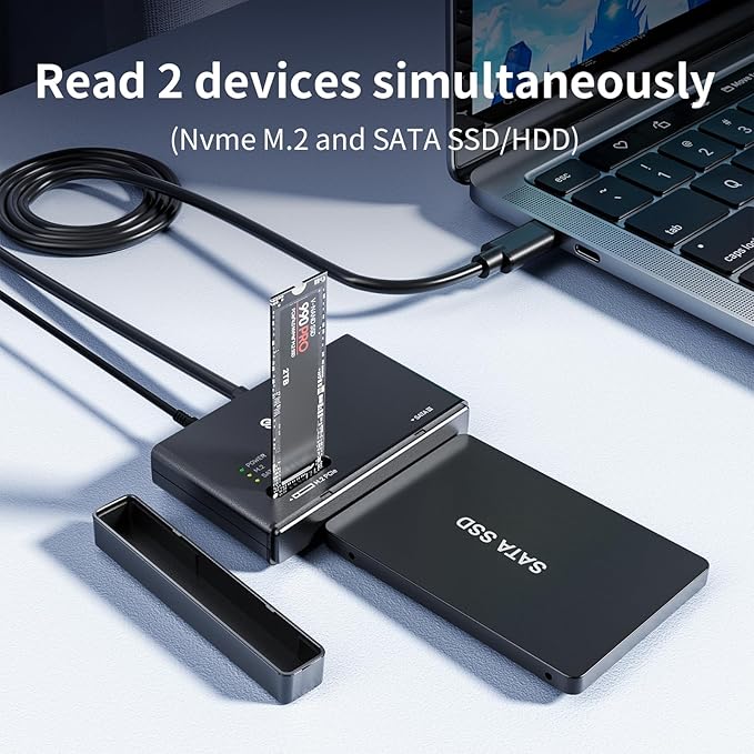 SUIDEK M.2 NVMe SSD Adapter, Type-C 10Gbps to M.2 and SATA Hard Drive Reader External M2 PCIe NVMe SSD Enclosure Compatible with (M Key&M+B Key) Any Sizes and 2.5"/3.5" SATA with 12V/2A Adapter