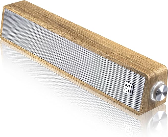 MICA Computer Speakers, Vintage Wired Computer Sound Bar, Retro Wooden Mini Soundbar, USB Powered PC Speakers for Desktop Monitor, Laptop, Tablet, 3.5mm Aux Connection, Angled (Yellow)