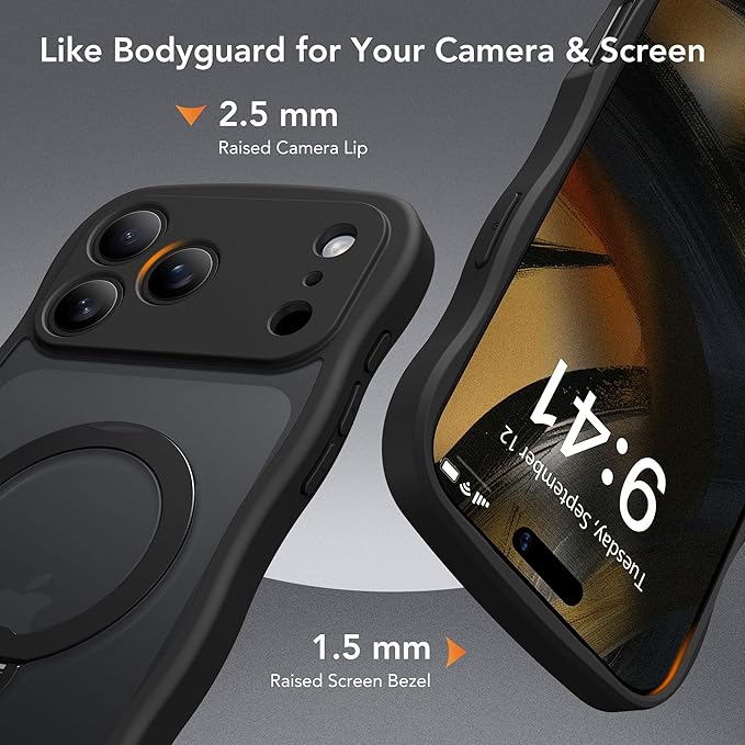 GolbinBox for iPhone 17 Pro Case for Women,[Compatible with Magsafe][360° Spin Magnetic Stand][Cute Wave Edge][Military-Grade Protection] Translucent Matte Phone Case for iPhone 17 Pro, Black