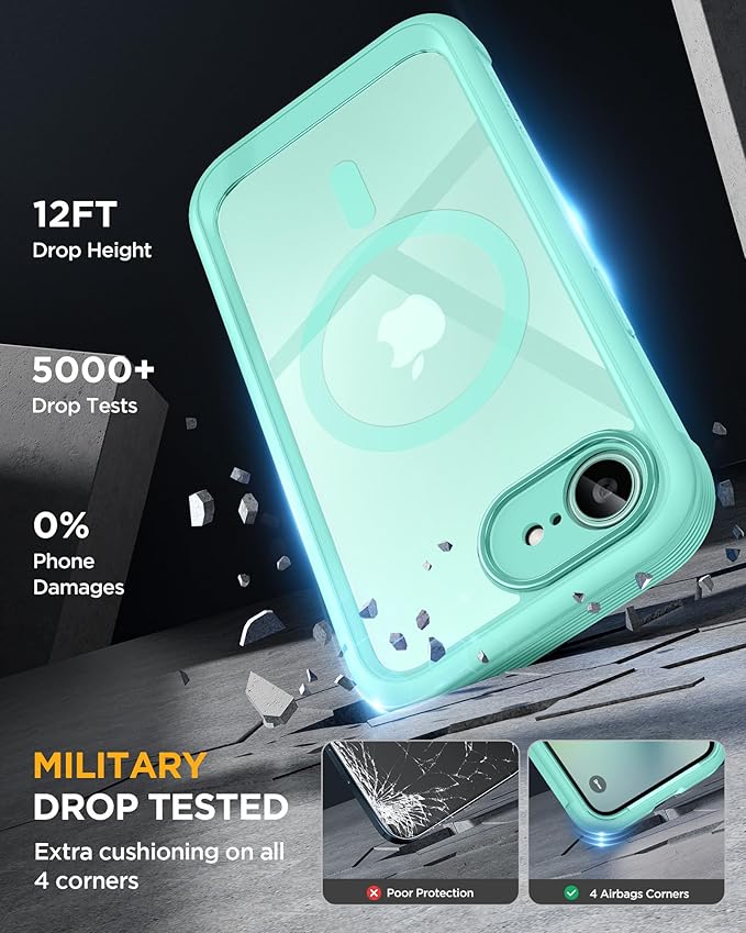 Miracase for iPhone 17e Case & iPhone 16e Case, Full-Body Phone with Built-in Glass Screen Protector, [Magnetic with MagSafe] Military Drop Proof 17 E/ 16 E Cover Bumper 6.1 inch, Mint Green