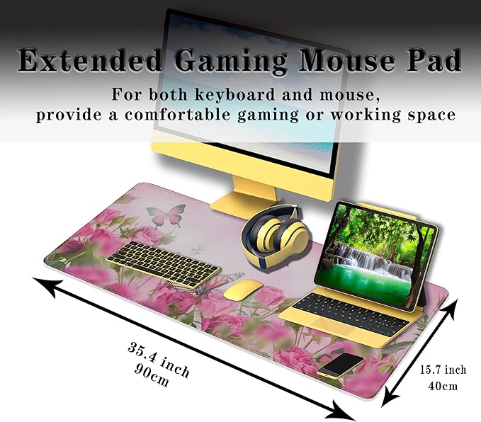 Computer Desk Mat Pink, Large Gaming Mouse Pads Desk Pad for Women Big Mouse Pad, Chic Office Desk Accessories Non-Slip Rubber Base, 35.4 X 15.7 inch for Work/Game/Office/Home Roses Butterfly