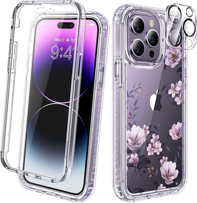 Diaclara Designed for iPhone 14 Pro Max Case 6.7’’, Full Body Rugged Phone Case w/Built-in Sensitive Anti-Scratch Screen Protector+9H Tempered Glass Camera Lens Protector(Clear Flower)