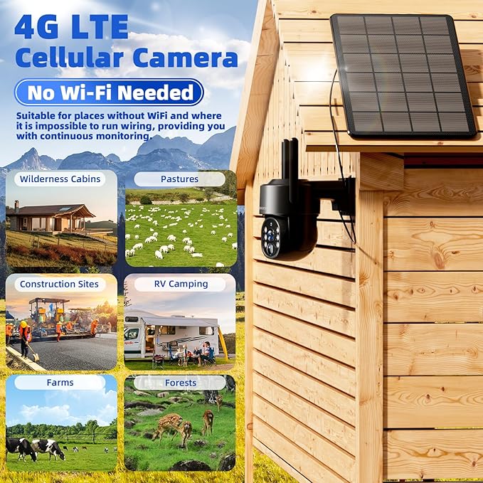 4G LTE Cellular Solar Security Camera Outdoor, No WiFi Needed, 4MP HD Color Night Vision, 360° Pan-Tilt, Built-in SIM Card, AI Motion Detection, 2-Way Talk for Jobsite/Farm