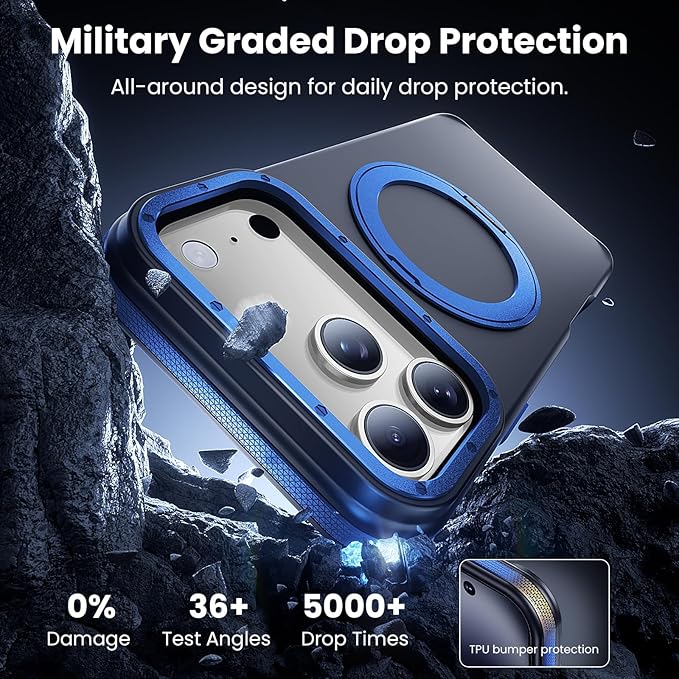 Strong Magnetic Case for iPhone 17 Pro(6.3", 2025) with Stand, Drop-Proof Bumper Cover with Contrast Color Border, Military-Grade Drop Protection, Shockproof Slim Thin Cover,Blue