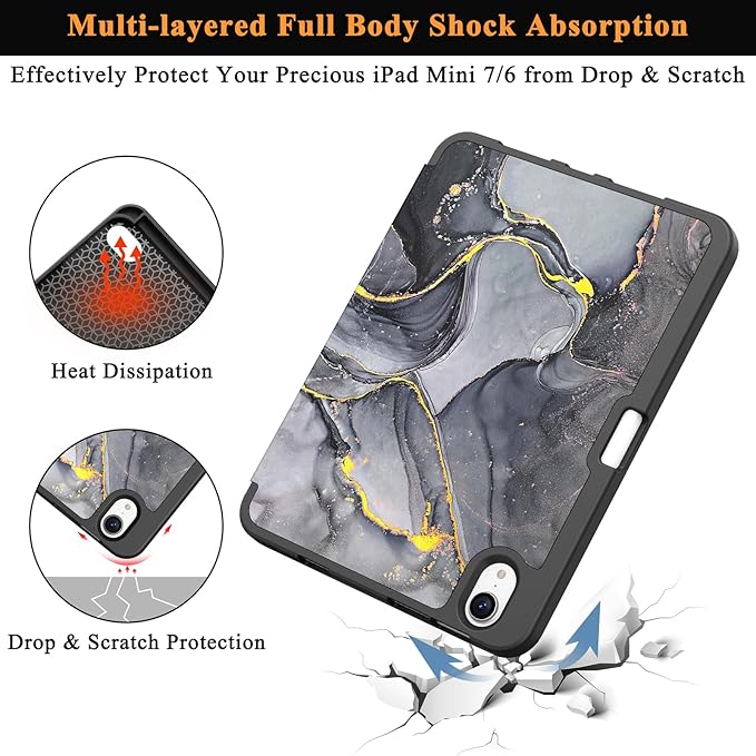 Soke Case for iPad mini 7(A17 Pro) 2024/iPad Mini 6 2021 8.3 inch with Pencil Holder-[Pencil Charging + Auto Wake/Sleep], Soft TPU Back Cover for iPad mini 7th/6th Generation(Black Marble)