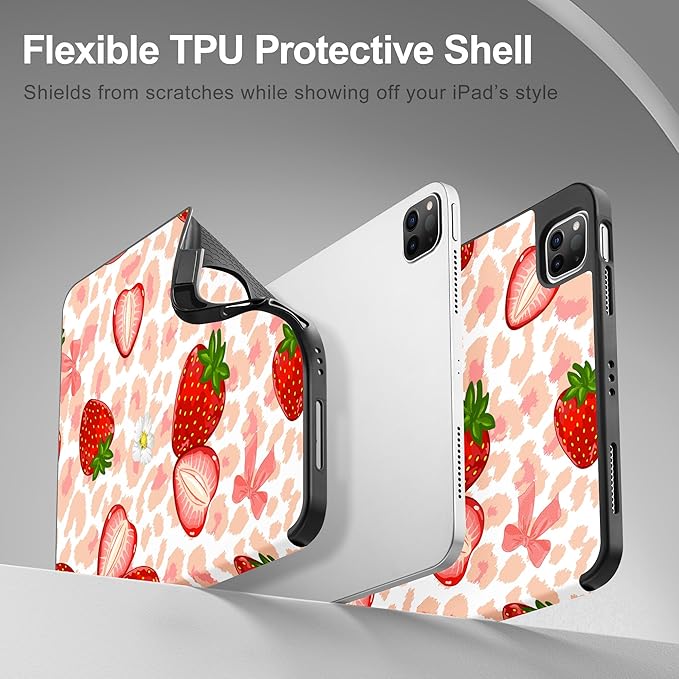 May Chen Case for iPad Pro 11 inch (4th, 3rd, 2nd & 1st Gen) 2022 2021 2020 2018,Trifold Stand with Auto Wake/Sleep Soft TPU Protective Stand Back Cover, Leopard Print Strawberry