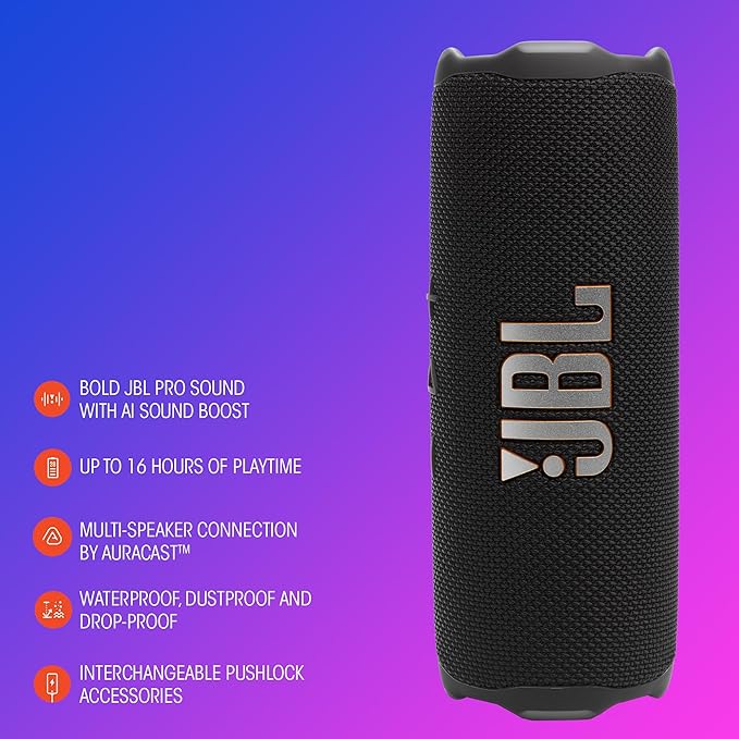 JBL Flip 7 - Portable Waterproof and Drop-Proof Speaker, Bold JBL Pro Sound with AI Sound Boost, 16Hrs of Playtime, and PushLock System with Interchangeable Accessories (Pink)