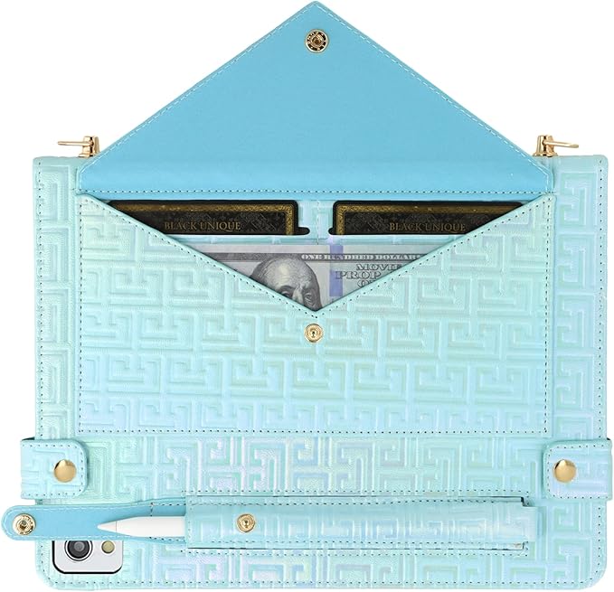Shiny Case for iPad 9th 8th 7th Gen 10.2"/iPad Air 2019/iPad Pro 10.5, Techcircle Crossbody Iridescent Folio Stand Wallet Case with Pencil Holder+Card Slots+Hand Strap+Shoulder Strap, Shiny Blue