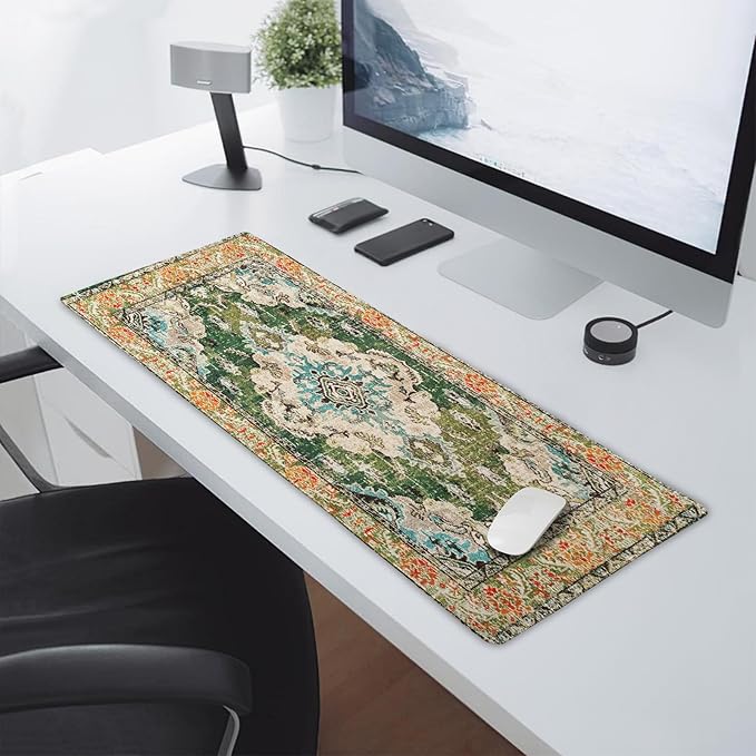 Vintage Rug Mouse Pad XL Green Orange Retro Carpet Aesthetic Extended Table Mat 80X30 cm Non-Slip Rubber Base Stitched Edge Large XL Mousepad for Desk Gaming Laptop Desk Top,31.5×11.8 Inch