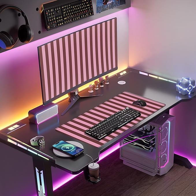 Pink and Burgundy Striped Desk Mat Cute Pastel XXL Large Gaming Mouse Pad Desk Pad Kawaii Cozy Aesthetic Keyboard Laptop Computer Mat