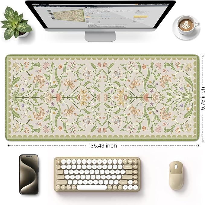 HAOCOO Sage Green Iris Flower Desk Pad Mat, Non-Slip XXL Mouse Pad with Stitched Edges, Cute Floral Computer Mat, Elegant Desk Decor for Home, School, Office Accessories