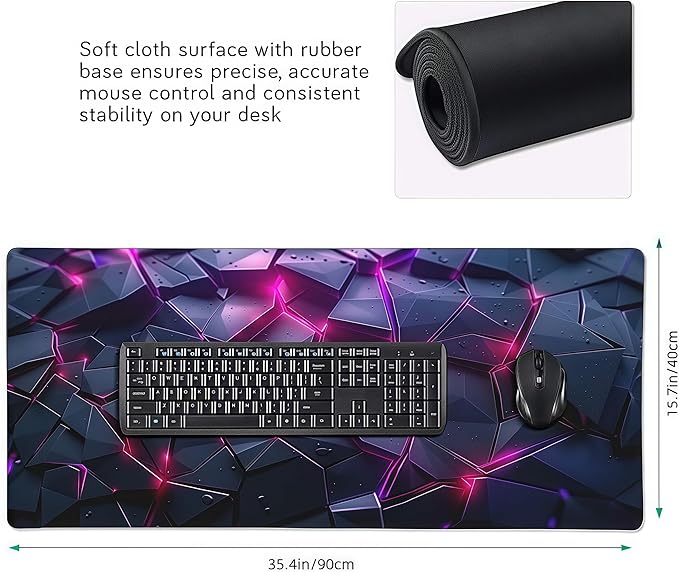 Oversized Gaming Mouse Pad with Neon Pink Design, Black Rubber Backing, 35.4 x 15.7 Inches, Modern Desk Mat for Office and Gaming
