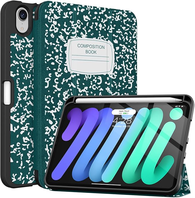 Soke Case for iPad mini 7(A17 Pro) 2024/iPad Mini 6 2021 8.3 inch with Pencil Holder-[Pencil Charging + Auto Wake/Sleep], Soft TPU Back Cover for iPad mini 7th/6th Generation(Book Dark Green)