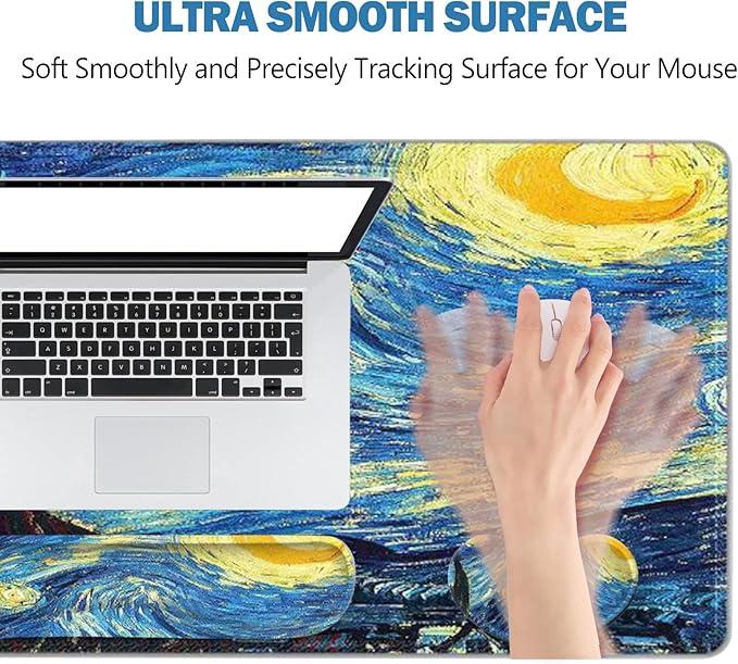 ToLuLu Extended Gaming Mouse Pad, Memory Foam Ergonomic Keyboard Mouse Wrist Rest Support Set, Large Desk Mat with Stitched Edges, Non-Slip Base Mousepad for Home Office, Van Gogh Starry Night