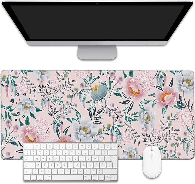 Floral Desk Mat,Large Gaming Mouse Pad,Non-Slip Rubber Base Desk Pad with Stitched Edges for Desk Office Home Decor 35.4X15.7 Inch