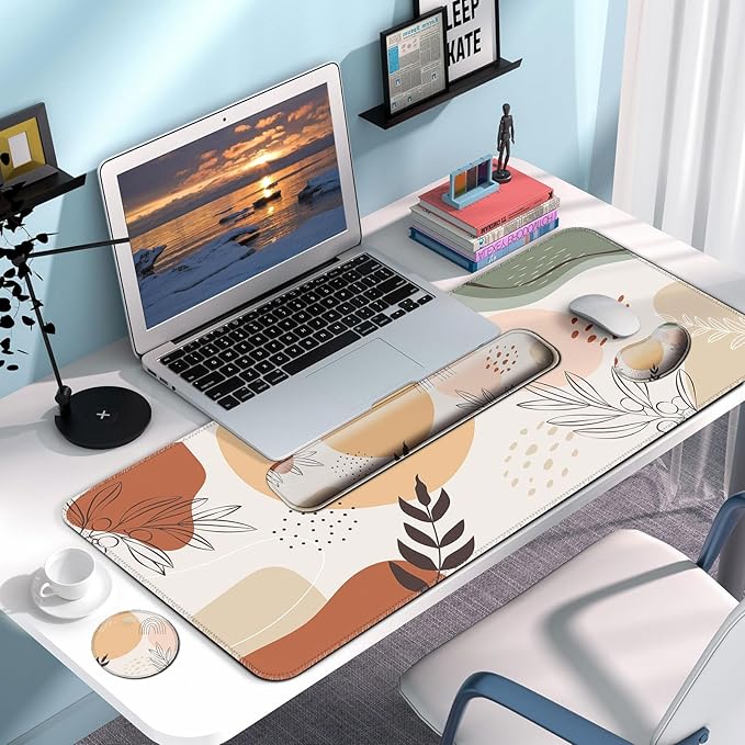 Keyboard Wrist Rest + Mouse Pad with Wrist Support + Desk Mat + Coaster 4 in 1 Set, XXL Large Gaming Mousepad Cute Ergonomic Mouse Pads for Desk Computer Laptop Office Decor-Boho Leaves