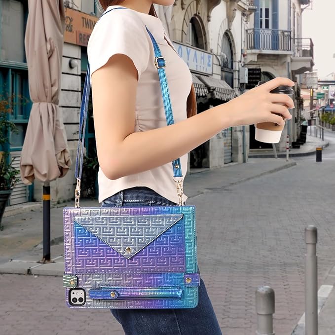 Shiny Case for iPad Pro 12.9" 6th/5th/4th Gen & iPad Air 13-inch Handbag w/Hand Strap, Techcircle Crossbody Iridescent Folio Stand Wallet Case w/Pencil Holder+Shoulder Strap, Shiny Indigo