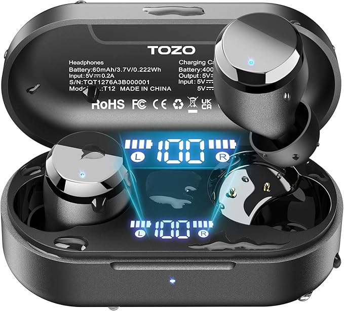 TOZO T12 Wireless Earbuds Bluetooth 5.3 Headphones, Call ENC Noise Cancelling Mic, 55Hrs Playtime App Customize EQ IPX8 Waterproof LED Digital Display Premium Sound Headset