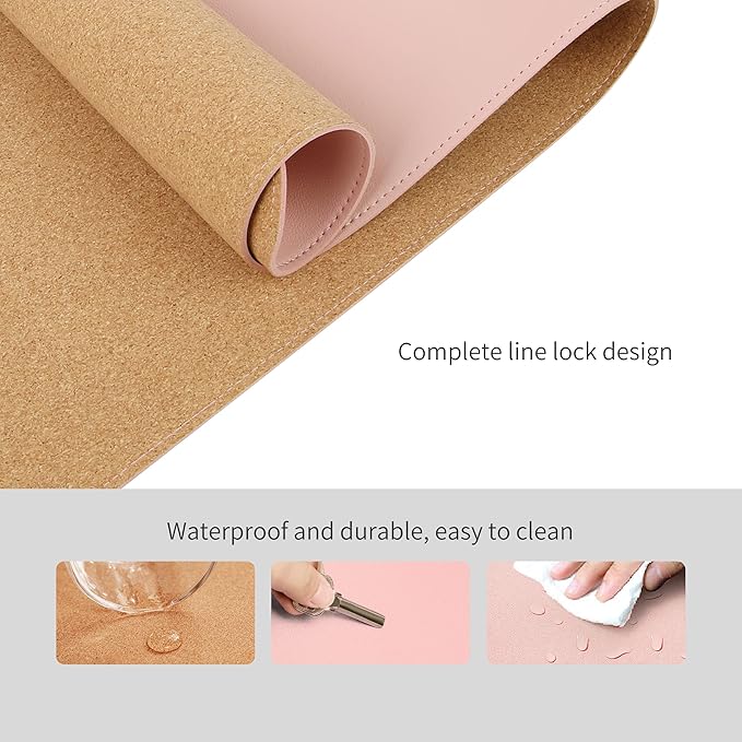 RENMTURE Dual-Sided Mouse Pad, Natural Cork & PU Leather Large Desk Pad for Office and Home Work, Desk Protector Non-Slip, Waterproof, Easy Clean (Pink, 47"x17")