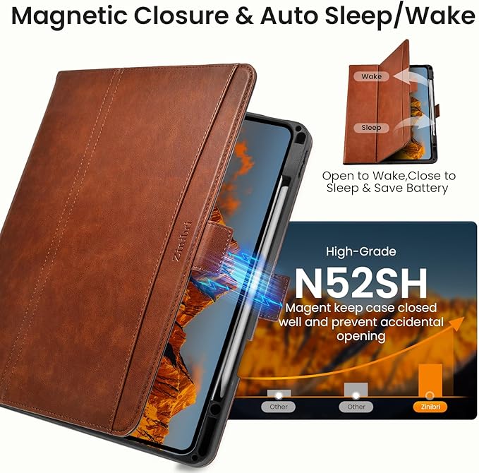 Handcrafted Case for iPad Air 13 Inch M4/M3/M2 (2026/2025/2024) with Pencil Holder & Hand Strap & Pocket,Magnetic Clasp,Multi Angles Stand,Protective Folio Cover,Auto Sleep/Wake,Brown