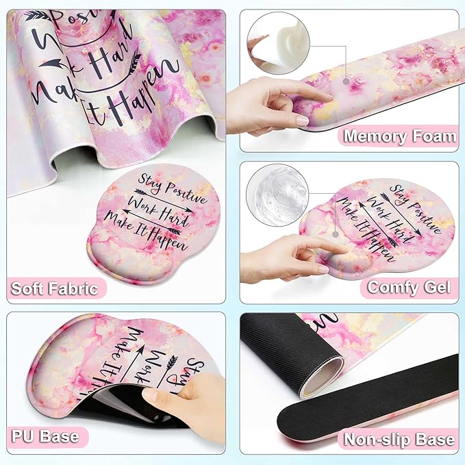 Large Mouse Pad and Keyboard Wrist Rest + Desk Mat Set,Full Long Mouse Pads for Desk Accessories with Memory Foam Gel Pink Mousepad for Women Computer Desktop Office Work-Pink & Black Slogan