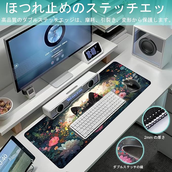 Gaming Mouse Pad XXL Extended Anime Mouse Pad 31.5x11.8 inch, Large Cute Kawaii Big Computer Mouse Mat Desk Pad with Non-Slip Rubber Base and Stitched Edge for Home Office-Flowers Cat