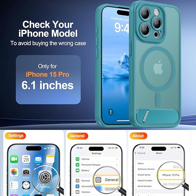 Magnetic Compatible with iPhone 15 Pro Case, [Built-in Kickstand][Full Camera Protection][Compatible with MagSafe][Anti-Fingerprint] Shockproof Phone Case for iPhone 15 Pro 6.1",Lake Blue