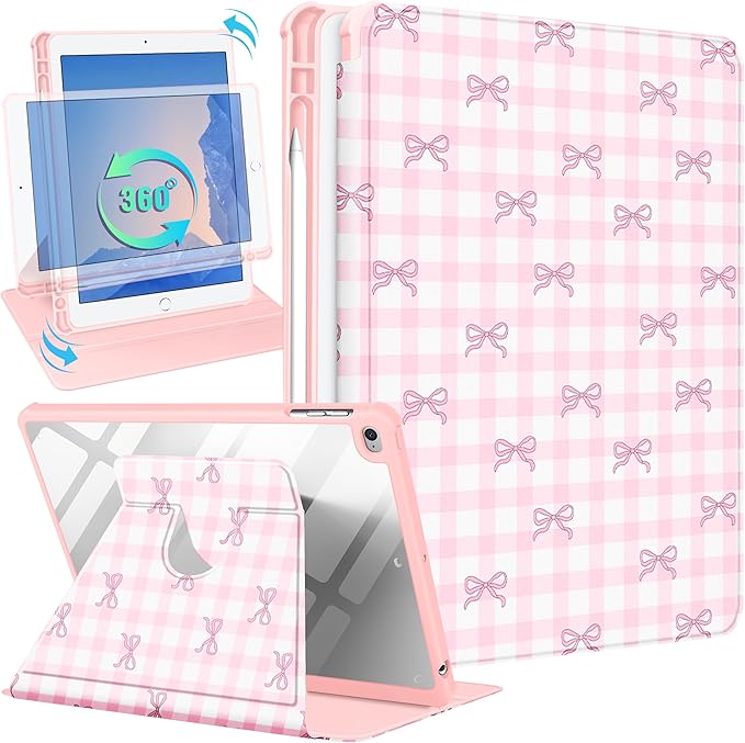 Uppuppy for iPad 5th/6th Generation Case for iPad Air 1st/Air 2nd/Pro 9.7 inch 2016 Case - 360 Rotating Stand Folio Smart Cover with Pencil Holder for Women Girls, Pink Bow Checkered for Apple Tablet