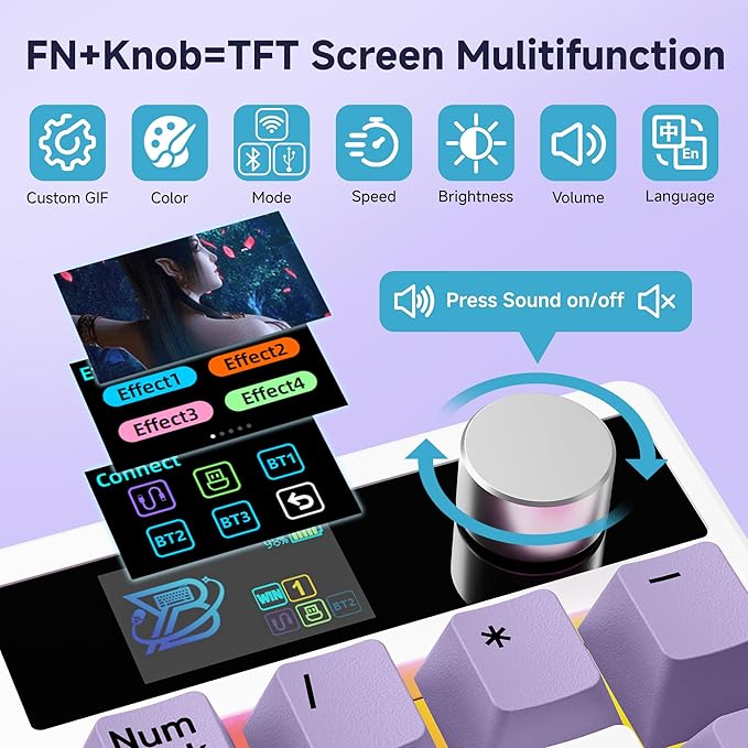 BOYI TD31Pro Mechanical Number Pad,Bluetooth5.0/2.4G/Type-C Wireless Numeric Keypad,RGB HotSwap Numpad with Screen&Knob,PBT Keycap Rechargeable Gasket Number keypad for PC Laptop Desktop(White-Purple)