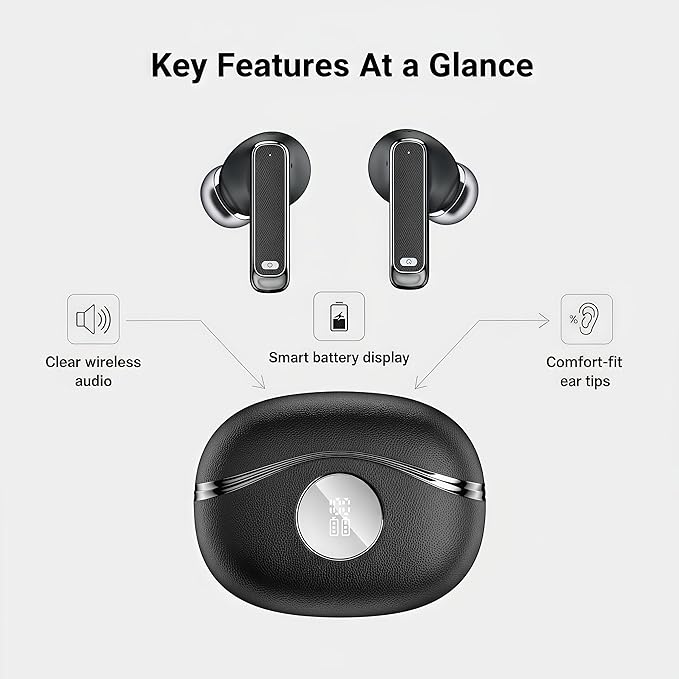 Bluetooth Wireless Earbuds - 40-Hour Battery Life, HiFi Stereo, Noise-Canceling Mic, LED Display, IPX7 Waterproof, in-Ear Headphones for Laptops/Mobile Phones/Sports, Black