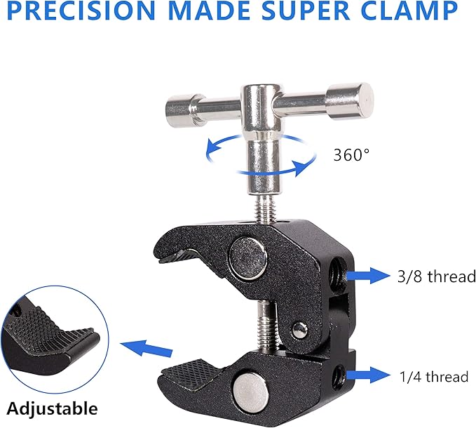 Cool Dual Ball head Magic Arm Adapter Camera Clamp Mount Super Clamp with 1/4 and 3/8 Thread, for DSLR Camera Rig, LED Light, Flash Light, Action Cam, 2Pack