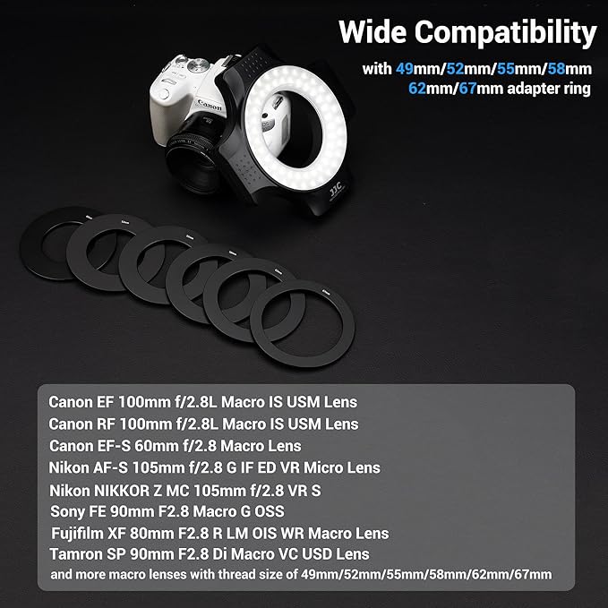 JJC Macro Ring Light for DSLR Macro Lens Canon EF 100mm f2.8L/RF 100mm f2.8L/EF-S 60mm f2.8/Nikon AF Micro 60mm f2.8D/AF-S DX Micro 40mm f2.8G/Z MC 50mm f2.8 with 49/52/55/58 62/67mm Adapter Rings