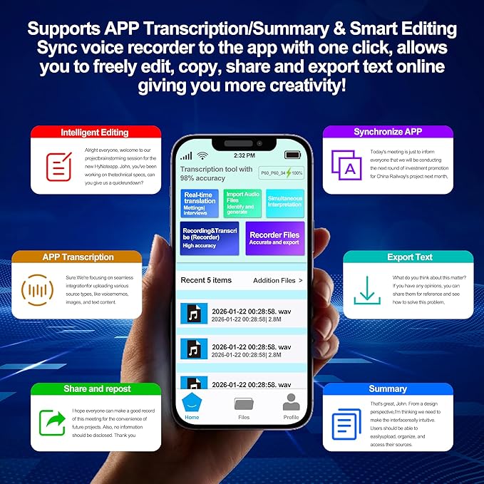 2026 Upgraded 128GB（9860 Hours） AI Voice Recorder with APP Control, Transcribe & Summarize, Note Voice Recorder Support DSP Noise Cancellation, Audio Recorder for Lectures, Meetings, Calls, Grey