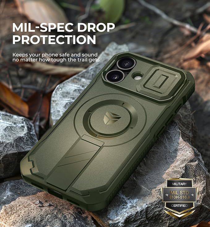 Dexnor for iPhone 16 Case with Slide Camera Cover & Adjustable Kickstand, Magnetic Rugged Shockproof Bumper Cases Heavy-Duty Magnetic Protective Cover,Army Green