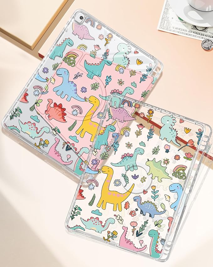 Shorogyt for iPad 9th/8th/7th Generation 10.2 Inch Case Magnetic Stand for Women - Cute Design 360 Degree Rotating Covers Girls Kids Boys with Pencil Holder for Apple i Pad 9/8/7 Gen,Dinosaur
