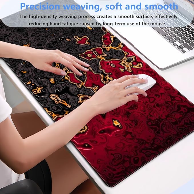 Red and Black Large Gaming Mouse Pad, Fluid Abstract Art Desk Mat 31.5x15.7 inch, Extended XL Non-Slip Micro-Fiber Surface with Natural Rubber Base for Computer Laptop, Home or Office Use