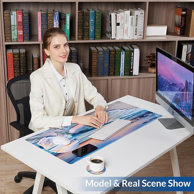 Desk Mat Set + Keyboard and Mouse Pad with Wrist Rest Support,4-in-1 Large Mousepad Computer Mats for Desktop Home & Office-Blue Sunset Beach