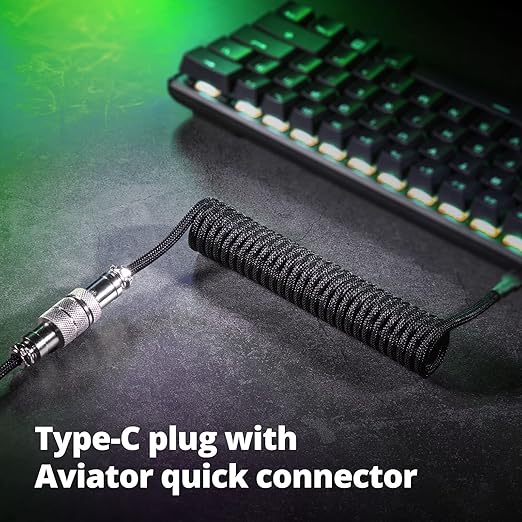 GUNMJO Pro Custom Coiled USB C Cable for Gaming Keyboard, Double-Sleeved Mechanical Keyboard Cable with Detachable Metal Aviator, 1.5M USB-C to USB-A, Classic Black Color