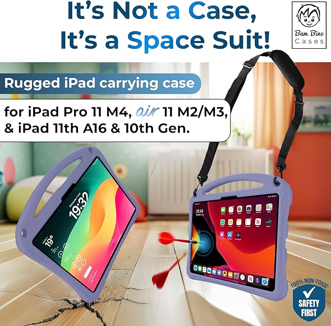 Bam Bino Space Suit, iPad Air 11 Inch Case Kids(M2/M3/M4), iPad Pro 11inch(M4/M5), iPad A16(11thGen), iPad 10thGeneration, Built-in Screen Protector, Handle, Kick Stand, Shoulder Strap (Nebula Violet)