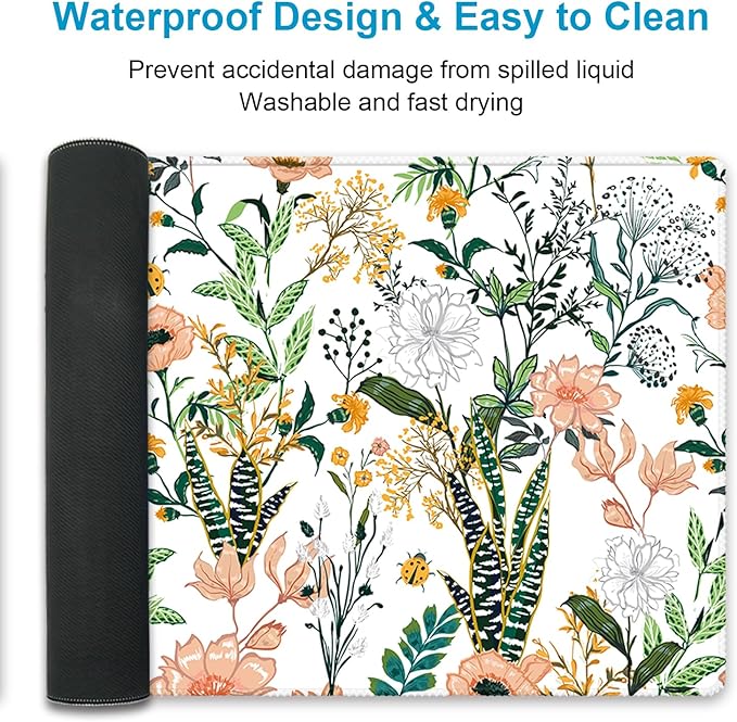 XXL Waterproof Office Desk Pad Protector 35.4x15.7 Inch - Extended Gaming Mouse Pad with Non-Slip Rubber Base, Thickened Keyboard Mat, Stitched Edges & Beautiful Floral Flowers Design