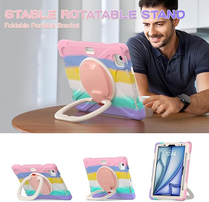TSQQST Case for iPad Air 11 Inch M4 2026/M3 2025/M2 2024, Cover for iPad Air 5th 4th Generation 10.9"/Pro 11 4th/3rd/2nd/1st Heavy Duty Shockproof Case w/Screen Protector+Handle Grip+Strap, Rainbow