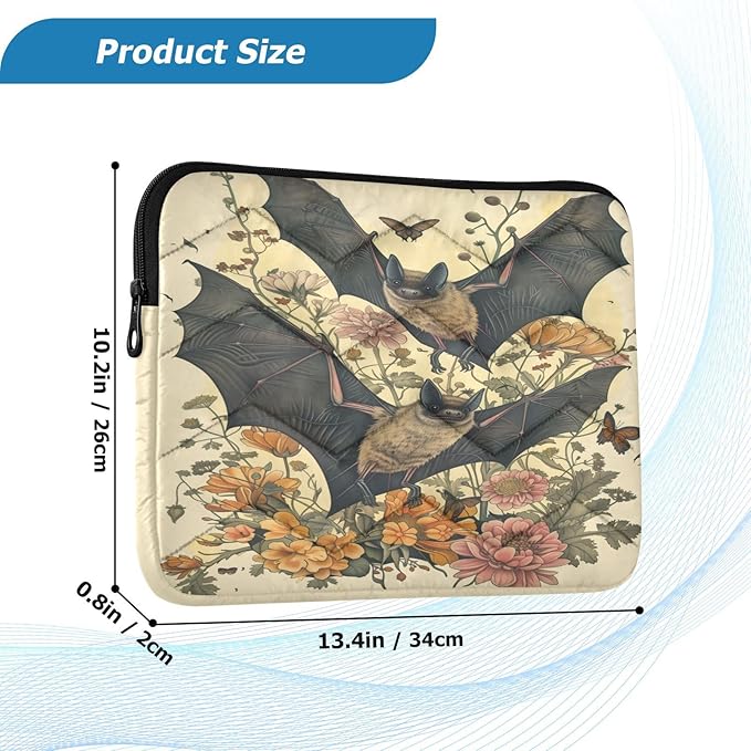 Goth Bat Flowers Laptop Sleeve 13 inch Cute Laptop Bag 14 inch Waterproof Computer Bag for Women Laptop Accessories Computer Cover Bag for Tablet Men, A06D24018