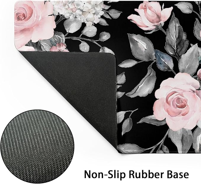 Floral Extended Gaming Mouse Pad Non-Slip Rubber Base Black Large Mousepad 35.4×15.7in with Stitched Edge Waterproof Pink Peony Flowers Pads Computer Black Desk Laptop Mats for Work Game/Office Home