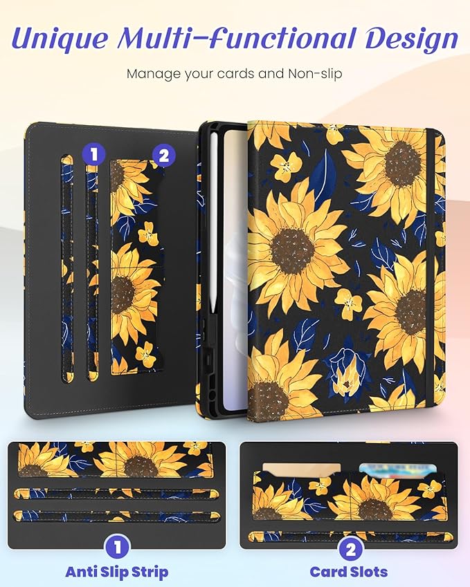 Kidcube for Samsung Galaxy Tab A9 Plus Case 11 Inch - for Women Girls Kids Cute Rotating Stand Folio Cover with Pencil Holder & Card Slot Girly Kawaii Sunflower Design for Samsung A9 Plus Tablet Cases