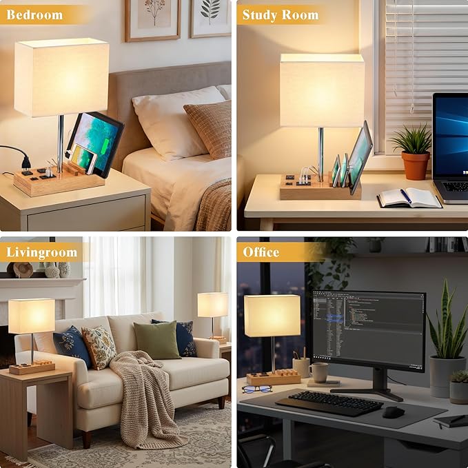 Briever Upgraded 3 USB Table Lamp with 2 USB A & C Charging Ports, Bedside Desk Lamp with 2 AC Outlets and Wooden Phone Stand Organizer, Nightstand Lamp for Bedroom, Living Room, Office, Natural Wood